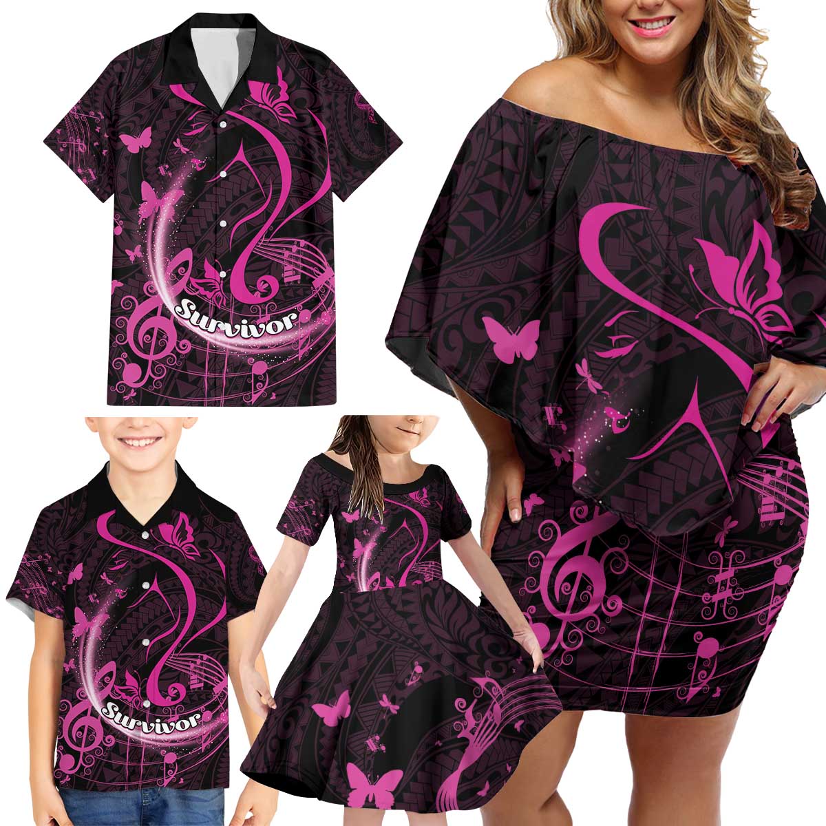 Personalised Survivor Melody Pink Family Matching Off Shoulder Short Dress and Hawaiian Shirt Breast Cancer Polynesian Pattern LT01 - Polynesian Pride