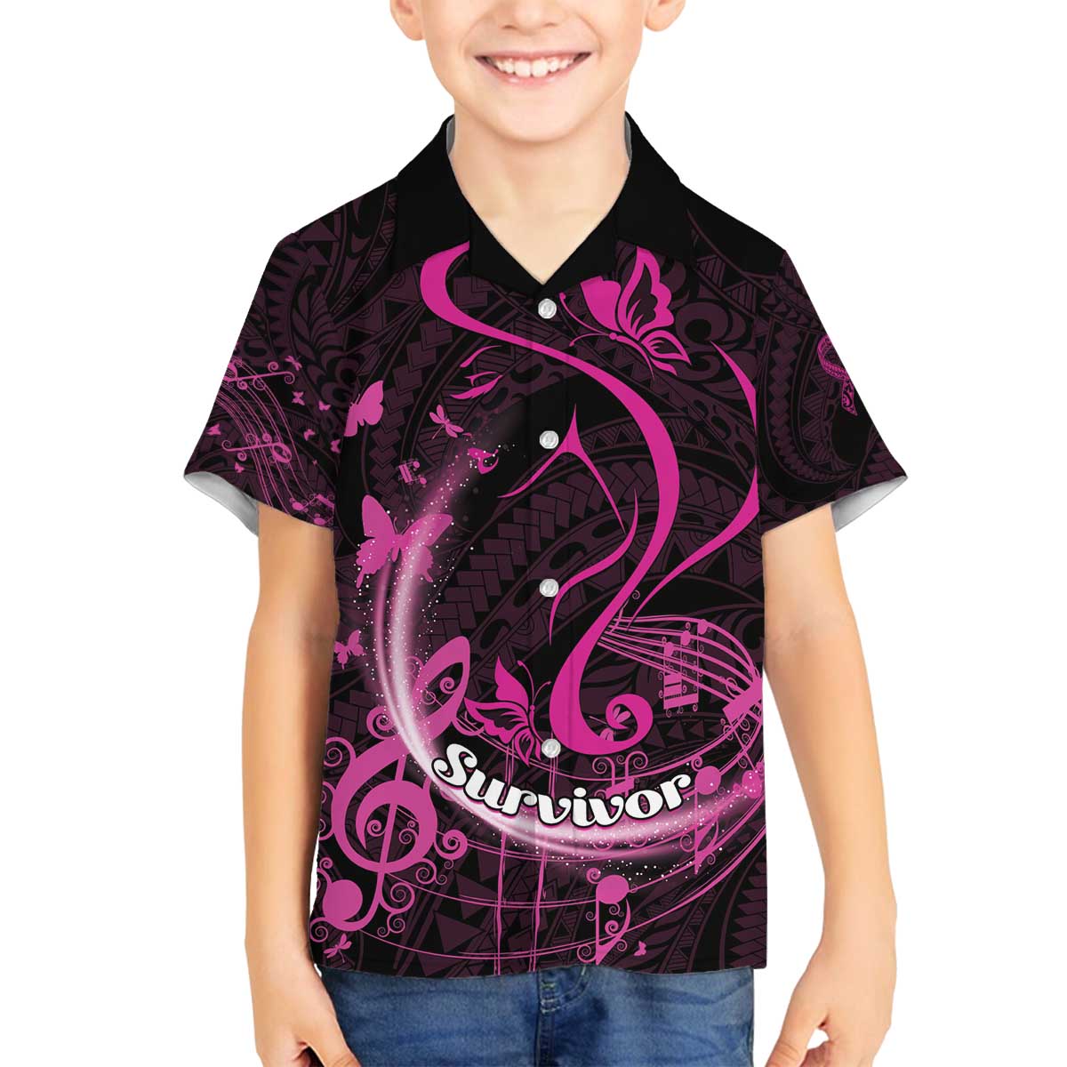 Personalised Survivor Melody Pink Family Matching Puletasi and Hawaiian Shirt Breast Cancer Polynesian Pattern LT01 Son's Shirt Pink - Polynesian Pride