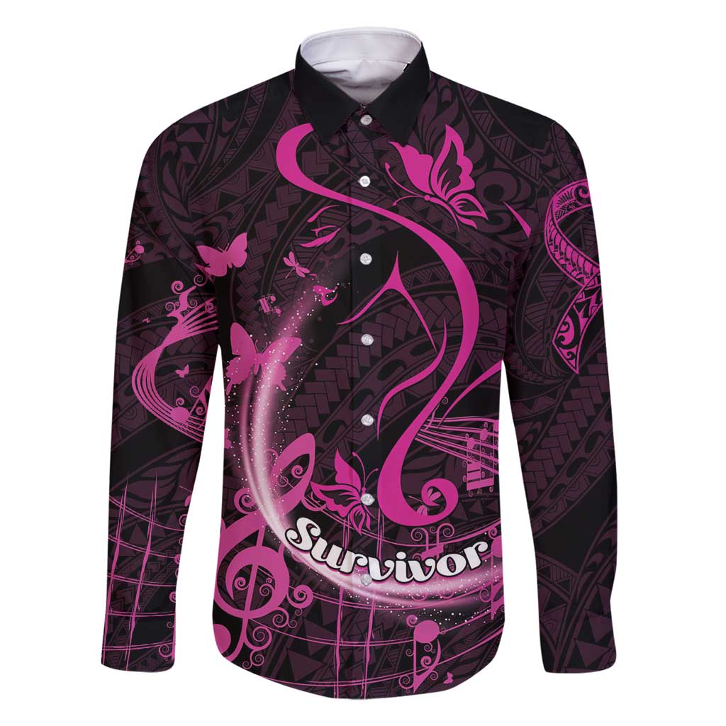 Personalised Survivor Melody Pink Family Matching Tank Maxi Dress and Hawaiian Shirt Breast Cancer Polynesian Pattern LT01 Dad's Shirt - Long Sleeve Pink - Polynesian Pride