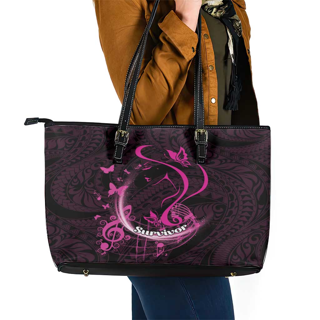 Survivor Melody Pink Leather Tote Bag Breast Cancer Polynesian Pattern