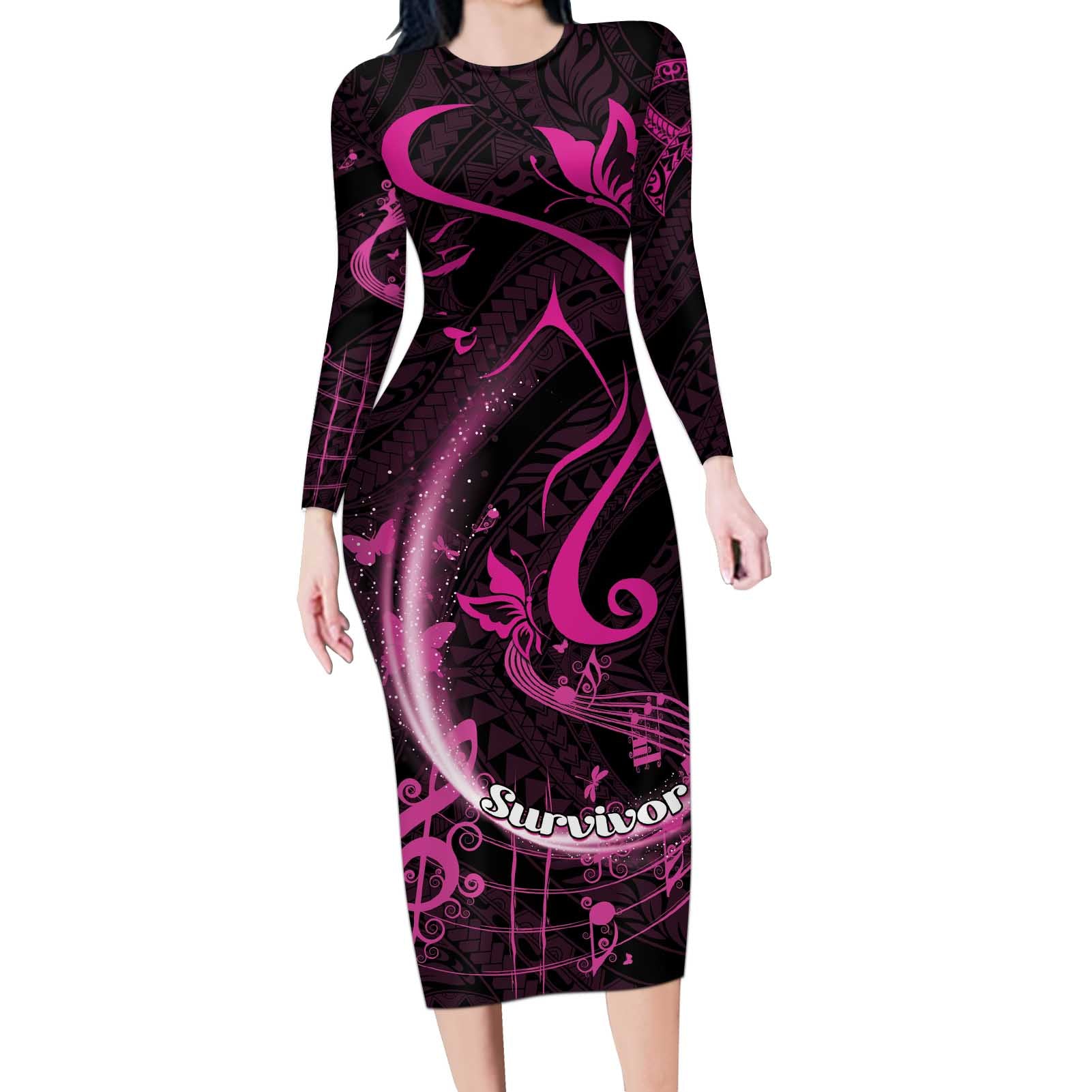 Personalised Survivor Melody Pink Long Sleeve Bodycon Dress Breast Cancer Polynesian Pattern