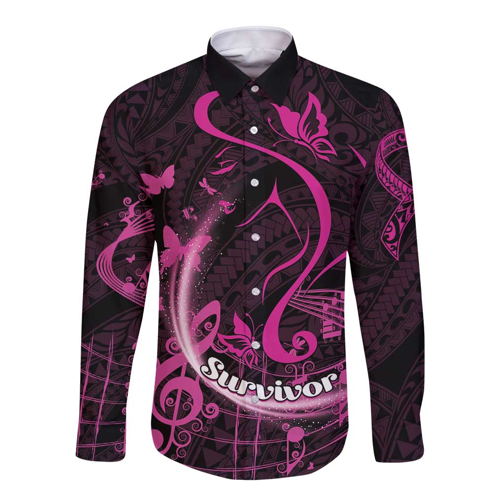 Personalised Survivor Melody Pink Long Sleeve Button Shirt Breast Cancer Polynesian Pattern