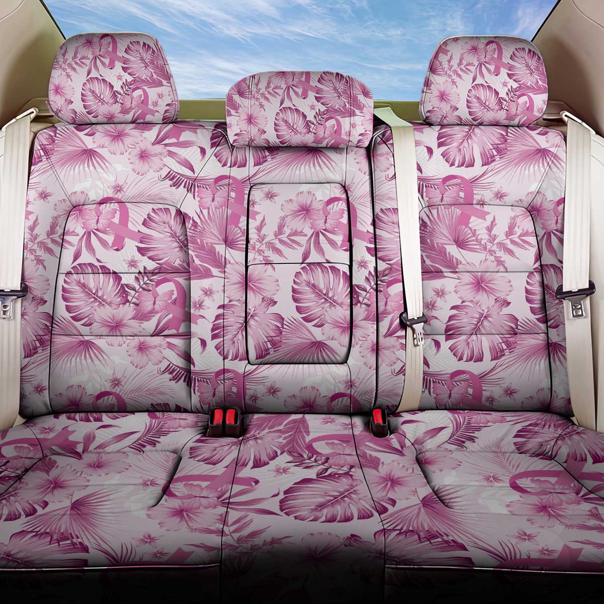 Pink Ribbon Hibiscus Tropical Pattern Back Car Seat Cover Breast Cancer