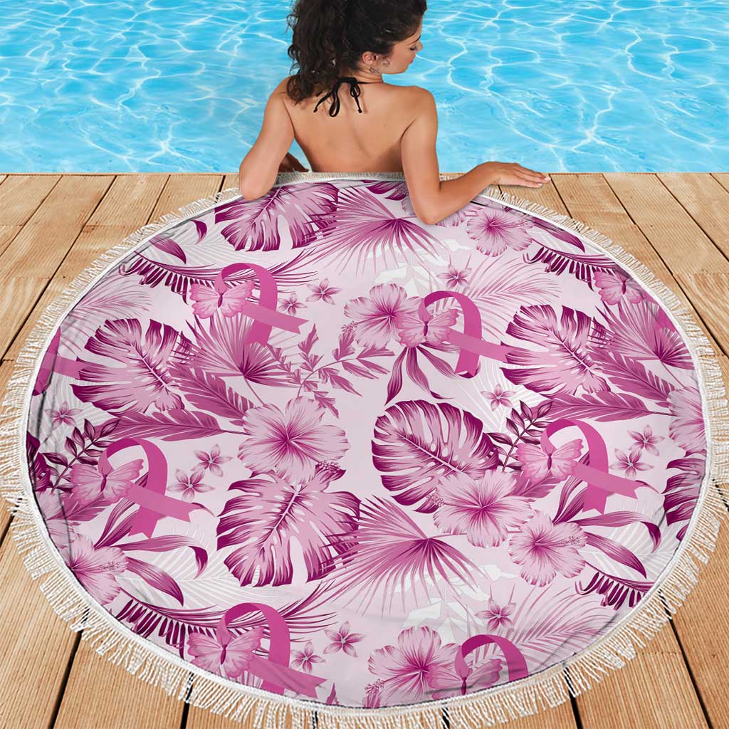 Pink Ribbon Hibiscus Tropical Pattern Beach Blanket Breast Cancer