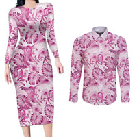 Pink Ribbon Hibiscus Tropical Pattern Couples Matching Long Sleeve Bodycon Dress and Long Sleeve Button Shirt Breast Cancer LT01 Pink - Polynesian Pride