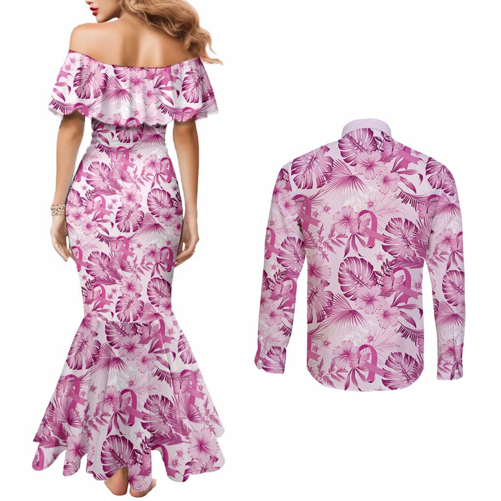 Pink Ribbon Hibiscus Tropical Pattern Couples Matching Mermaid Dress and Long Sleeve Button Shirt Breast Cancer LT01 - Polynesian Pride