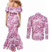Pink Ribbon Hibiscus Tropical Pattern Couples Matching Mermaid Dress and Long Sleeve Button Shirt Breast Cancer LT01 - Polynesian Pride