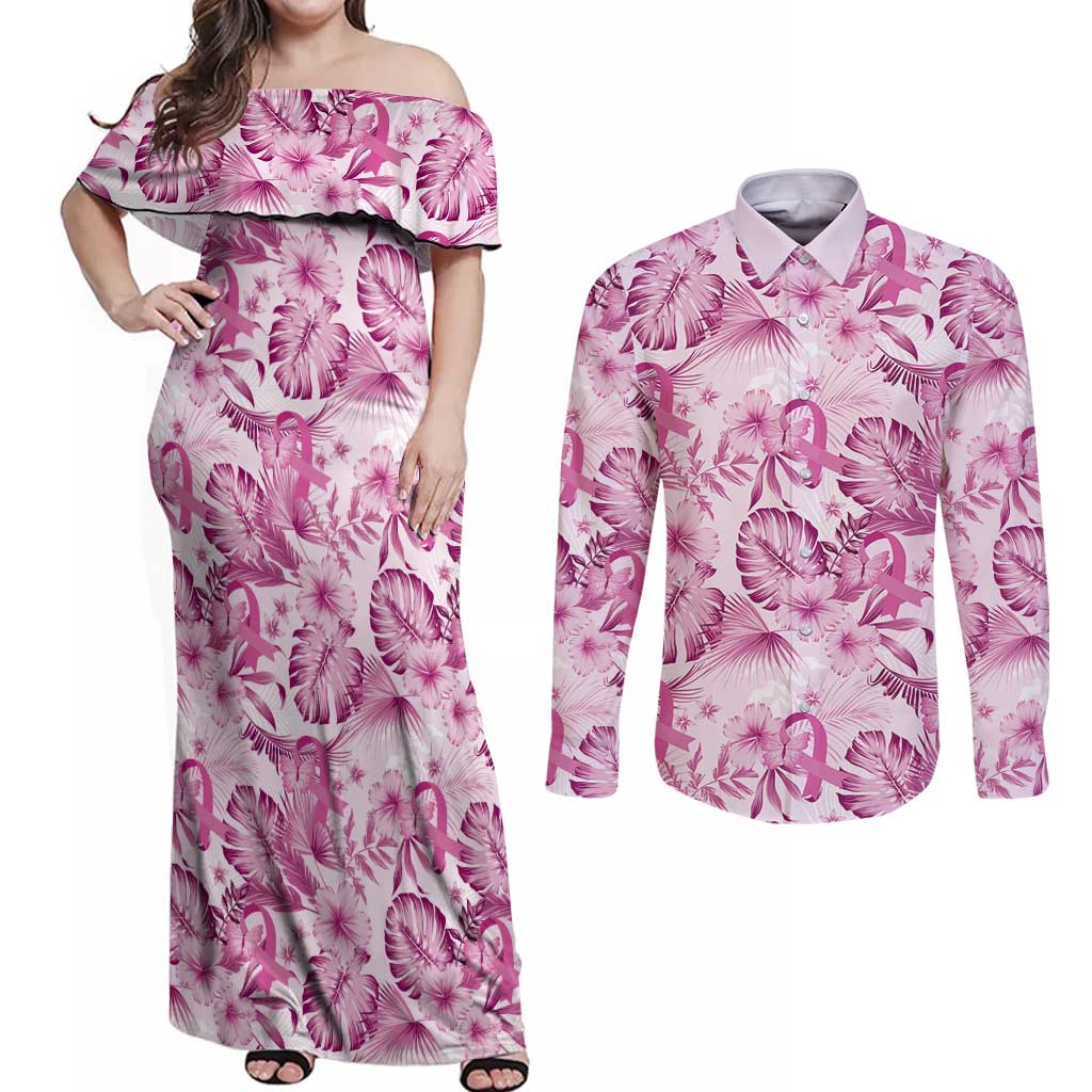 Pink Ribbon Hibiscus Tropical Pattern Couples Matching Off Shoulder Maxi Dress and Long Sleeve Button Shirt Breast Cancer