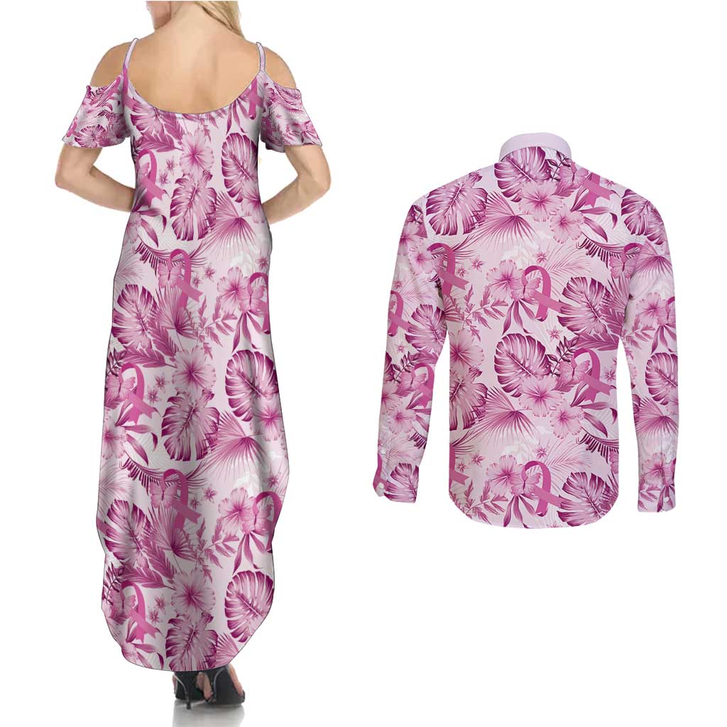 Pink Ribbon Hibiscus Tropical Pattern Couples Matching Summer Maxi Dress and Long Sleeve Button Shirt Breast Cancer