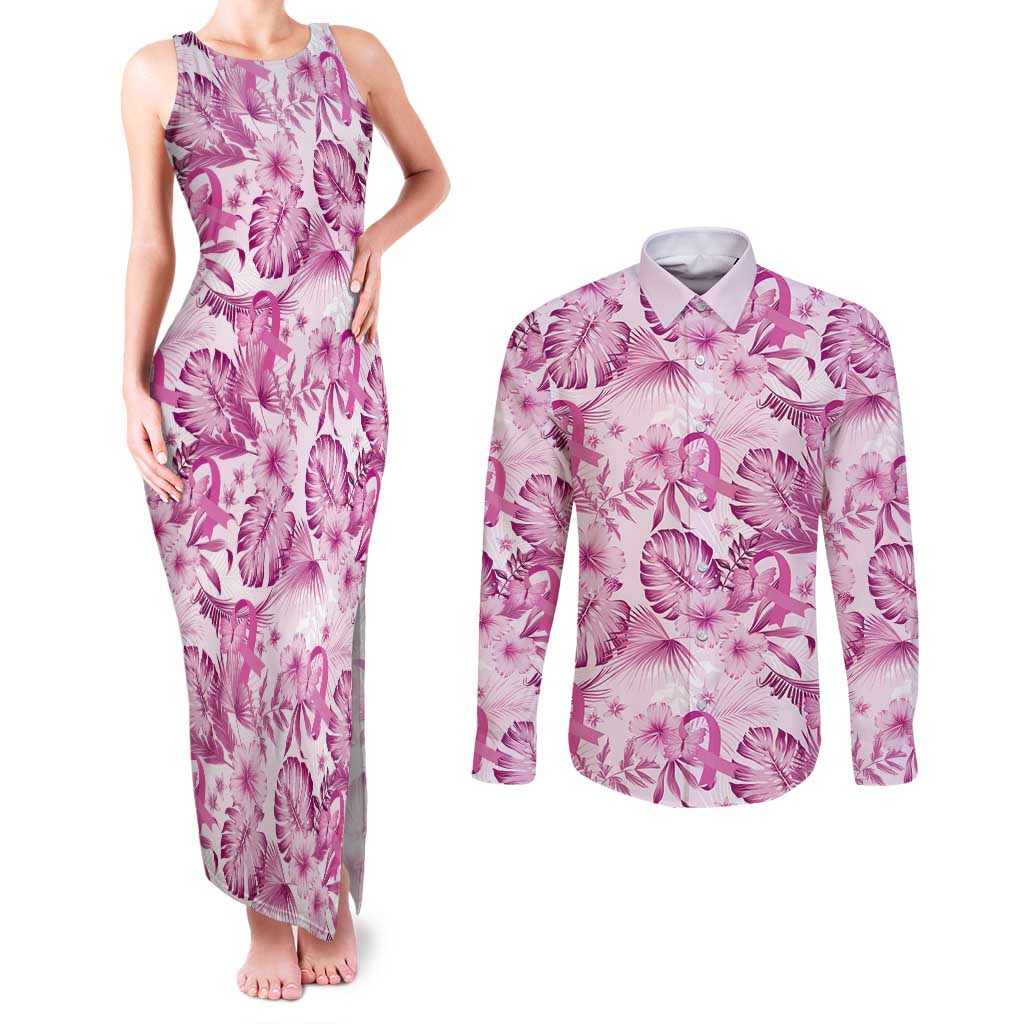 Pink Ribbon Hibiscus Tropical Pattern Couples Matching Tank Maxi Dress and Long Sleeve Button Shirt Breast Cancer LT01 Pink - Polynesian Pride