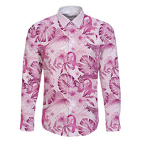 Pink Ribbon Hibiscus Tropical Pattern Family Matching Long Sleeve Bodycon Dress and Hawaiian Shirt Breast Cancer