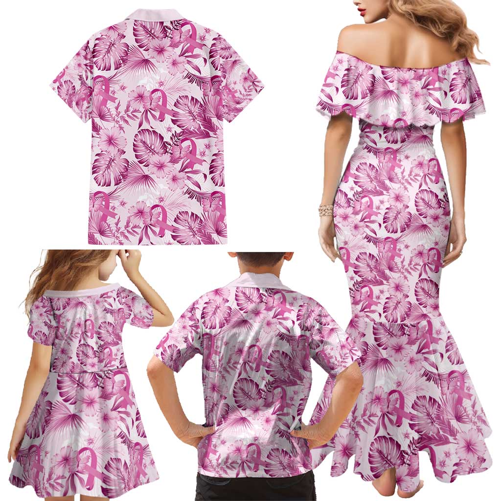 Pink Ribbon Hibiscus Tropical Pattern Family Matching Mermaid Dress and Hawaiian Shirt Breast Cancer