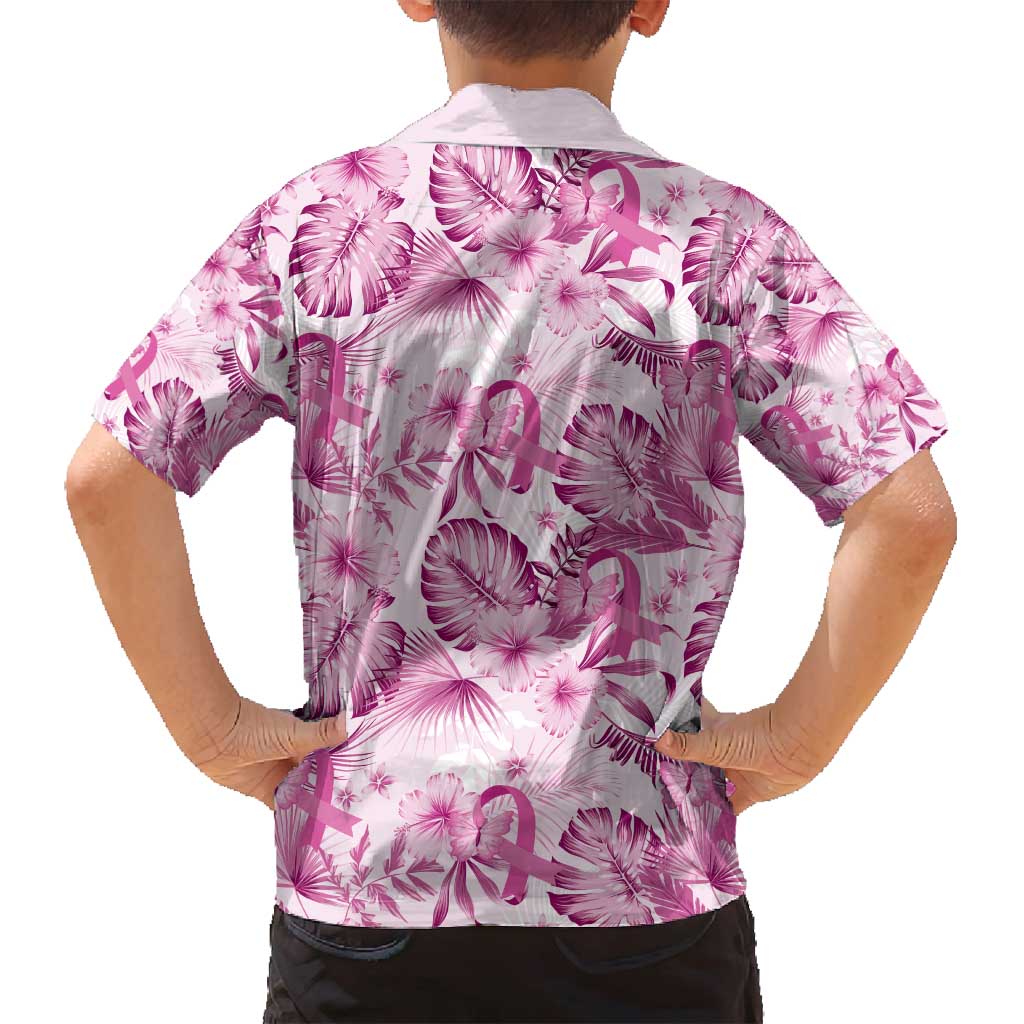 Pink Ribbon Hibiscus Tropical Pattern Family Matching Off Shoulder Maxi Dress and Hawaiian Shirt Breast Cancer