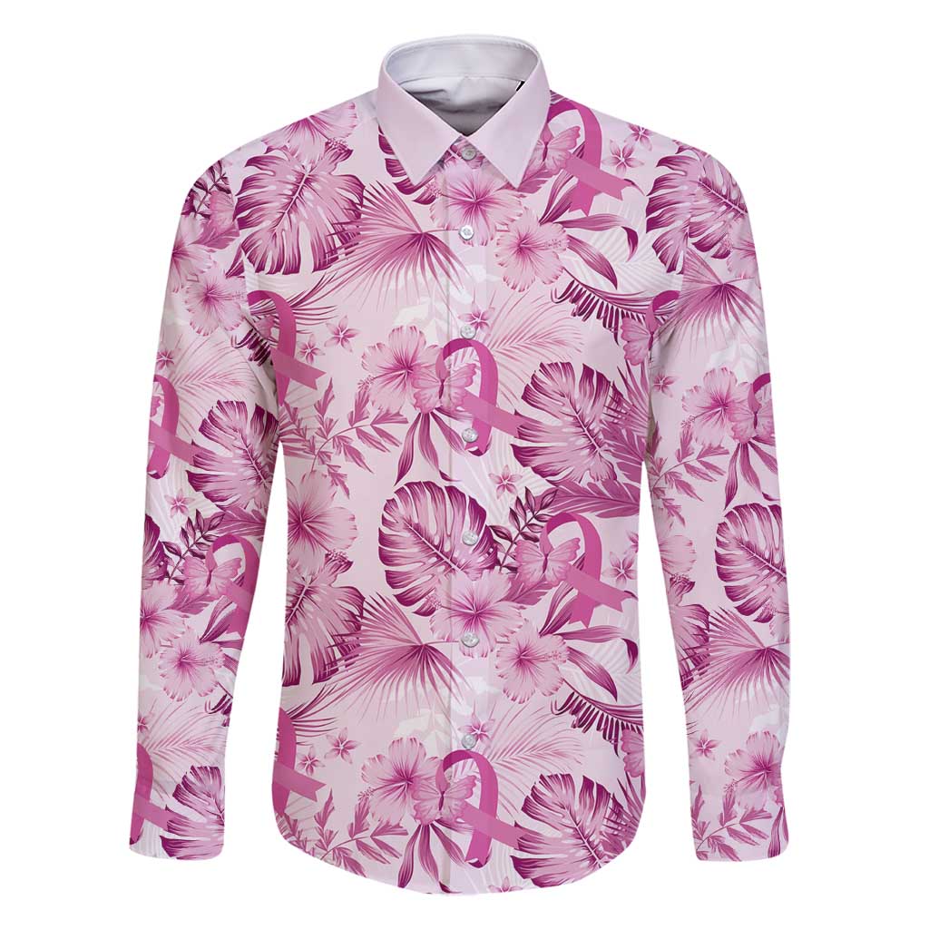 Pink Ribbon Hibiscus Tropical Pattern Family Matching Off Shoulder Maxi Dress and Hawaiian Shirt Breast Cancer