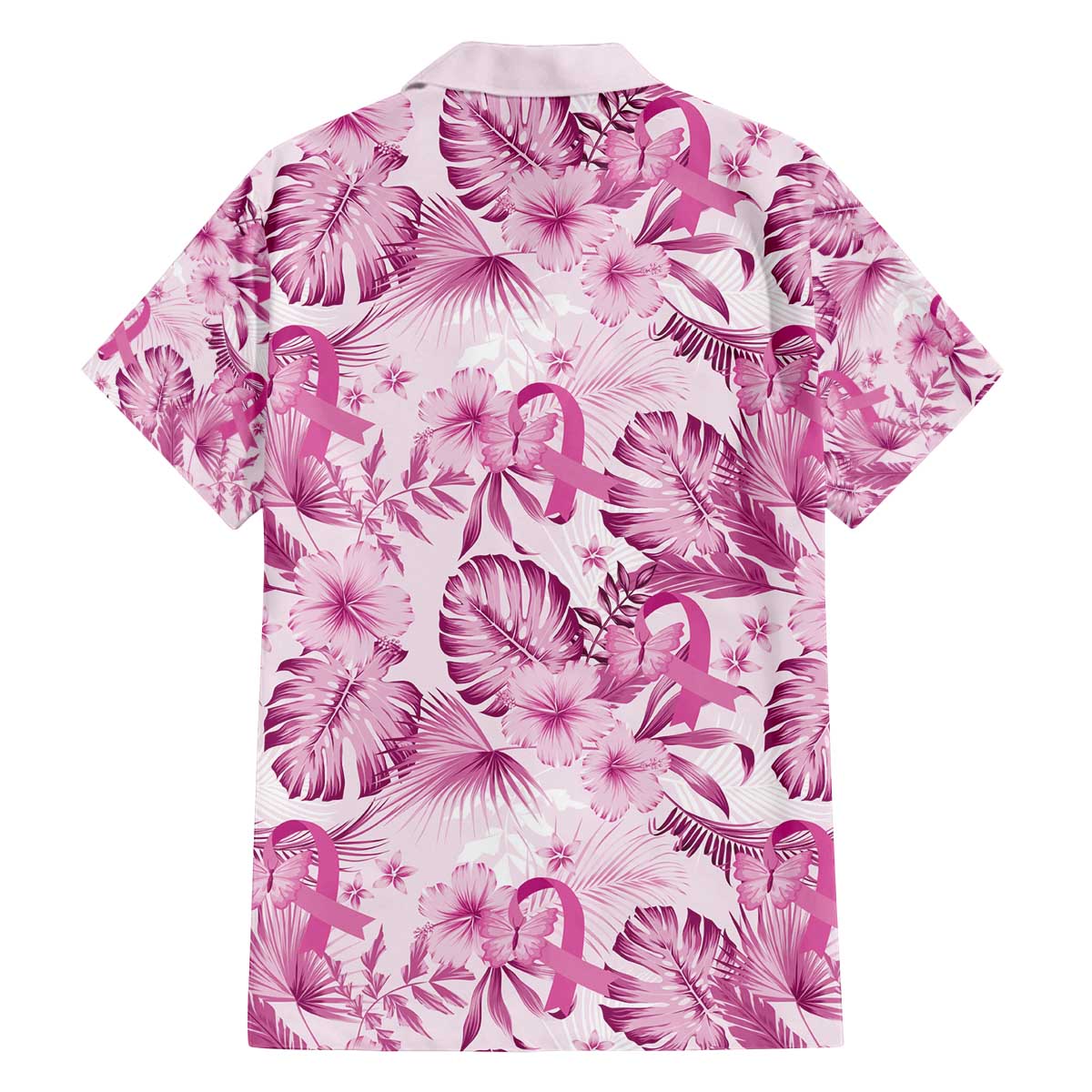 Pink Ribbon Hibiscus Tropical Pattern Family Matching Off Shoulder Short Dress and Hawaiian Shirt Breast Cancer