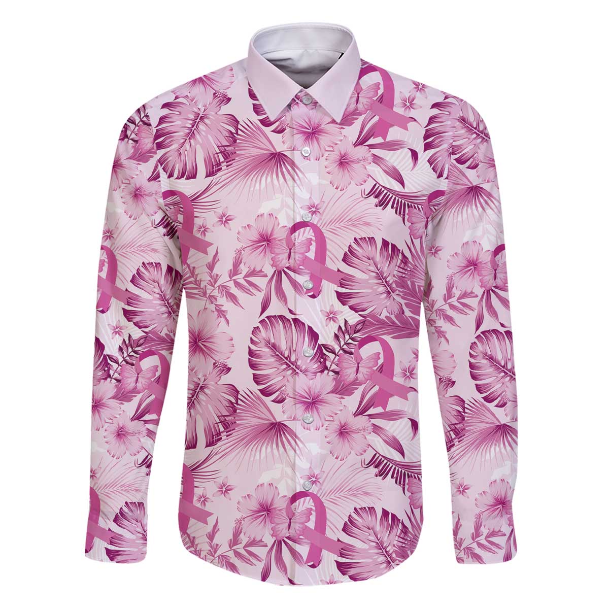 Pink Ribbon Hibiscus Tropical Pattern Family Matching Puletasi and Hawaiian Shirt Breast Cancer
