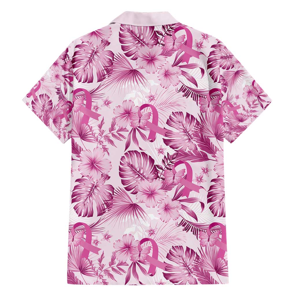 Pink Ribbon Hibiscus Tropical Pattern Family Matching Short Sleeve Bodycon Dress and Hawaiian Shirt Breast Cancer