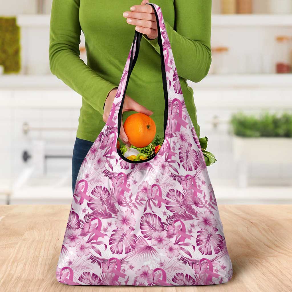 Pink Ribbon Hibiscus Tropical Pattern Grocery Bag Breast Cancer