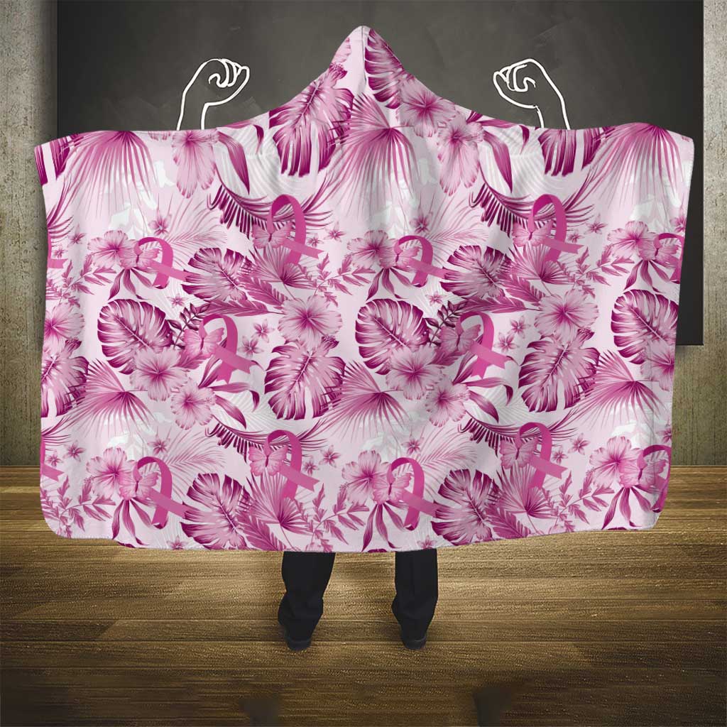 Pink Ribbon Hibiscus Tropical Pattern Hooded Blanket Breast Cancer