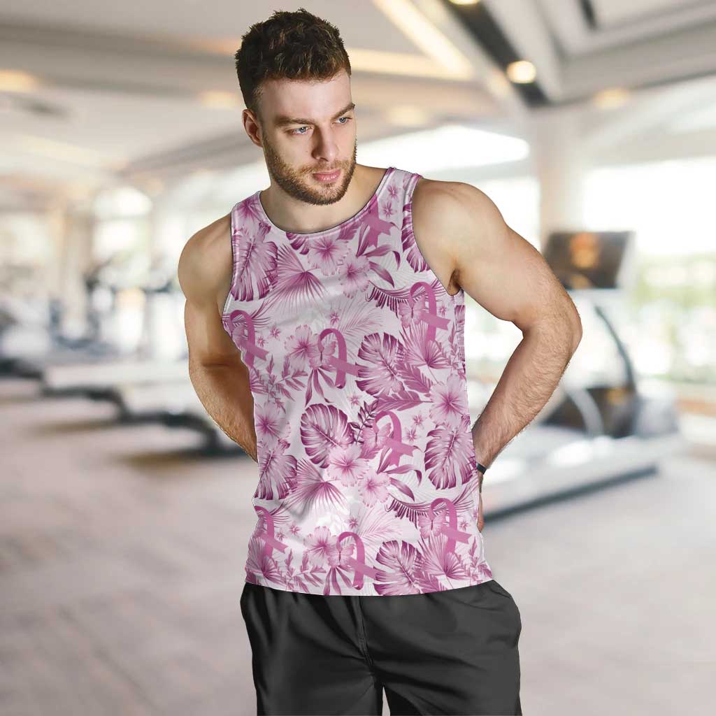 Pink Ribbon Hibiscus Tropical Pattern Men Tank Top Breast Cancer