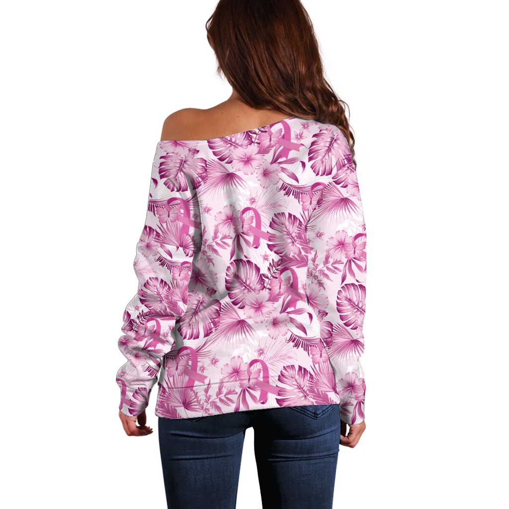 Pink Ribbon Hibiscus Tropical Pattern Off Shoulder Sweater Breast Cancer