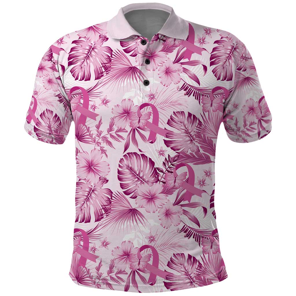 Pink Ribbon Hibiscus Tropical Pattern Polo Shirt Breast Cancer