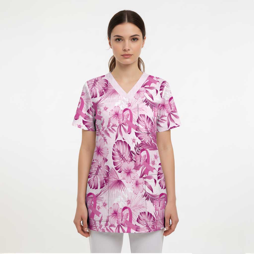 Pink Ribbon Hibiscus Tropical Pattern Scrub Top Breast Cancer - Polynesian Pride