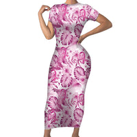 Pink Ribbon Hibiscus Tropical Pattern Short Sleeve Bodycon Dress Breast Cancer LT01 Long Dress Pink - Polynesian Pride