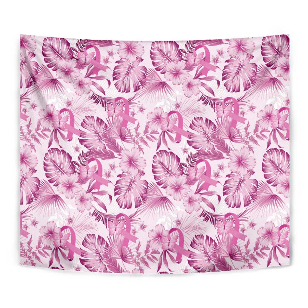 Pink Ribbon Hibiscus Tropical Pattern Tapestry Breast Cancer