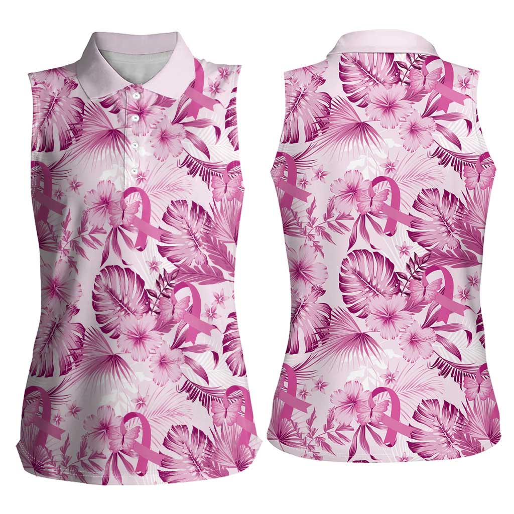 Pink Ribbon Hibiscus Tropical Pattern Women Sleeveless Polo Shirt Breast Cancer