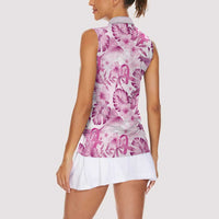 Pink Ribbon Hibiscus Tropical Pattern Women Sleeveless Polo Shirt Breast Cancer