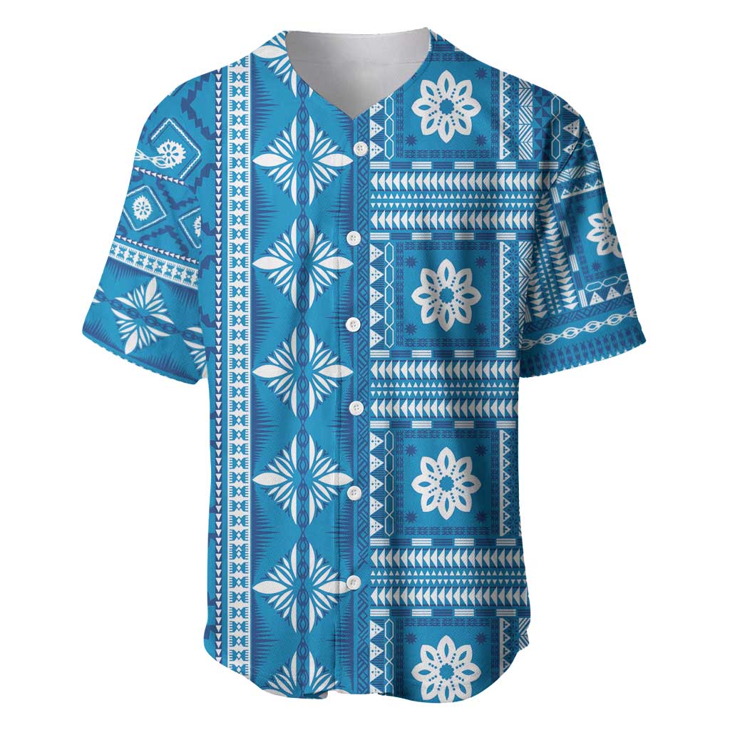 Fiji Masi All Blue Baseball Jersey Tapa Pattern - Polynesian Pride