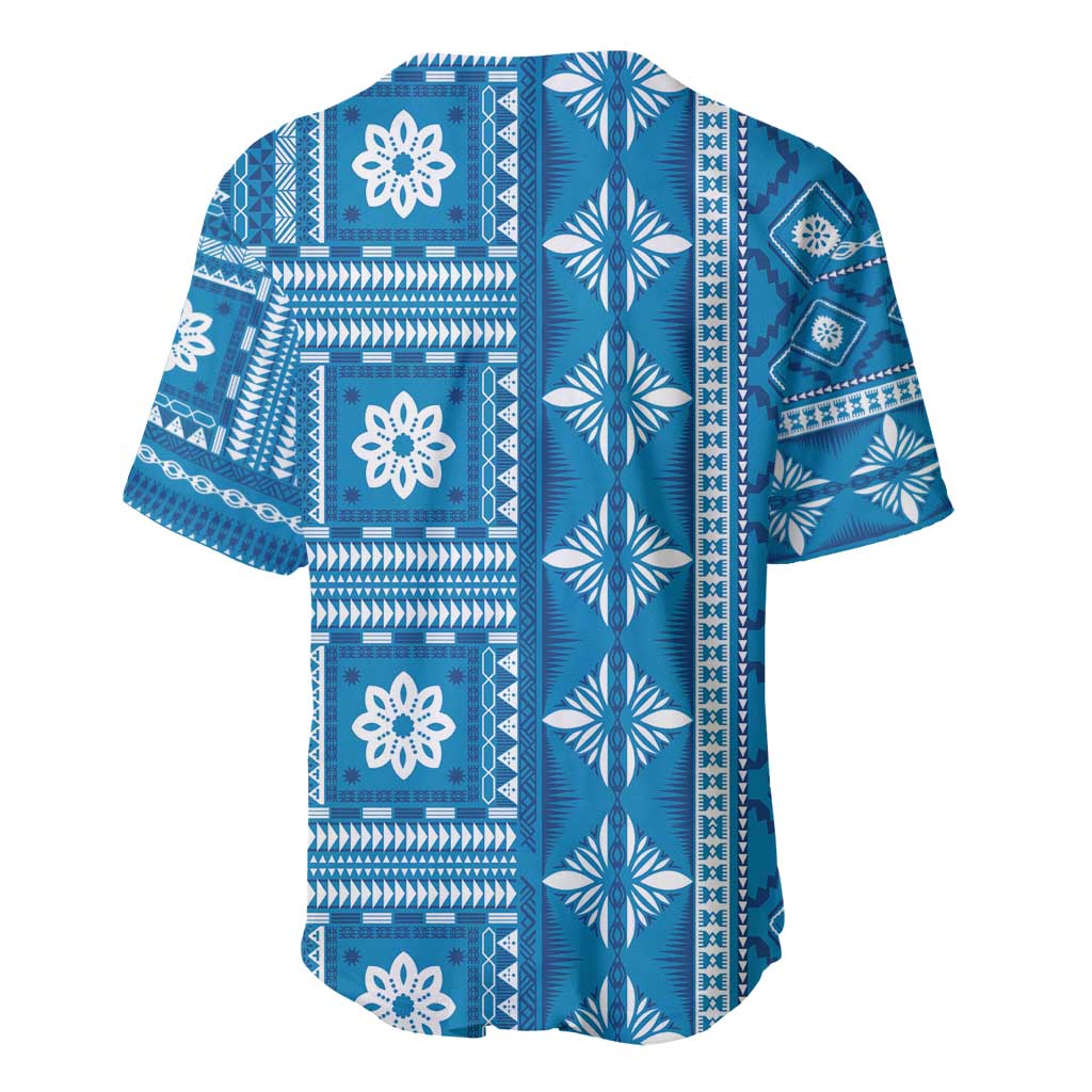 Fiji Masi All Blue Baseball Jersey Tapa Pattern - Polynesian Pride