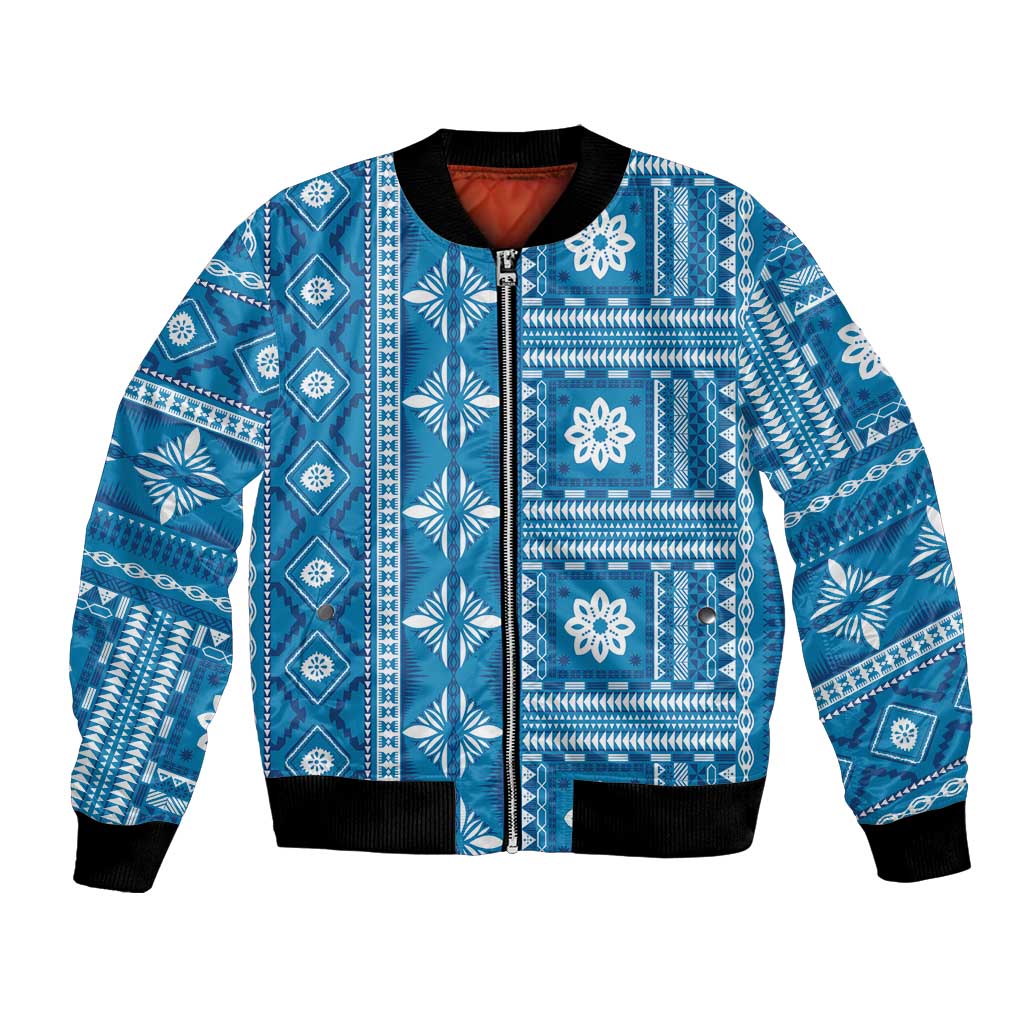 Fiji Masi All Blue Bomber Jacket Tapa Pattern - Polynesian Pride