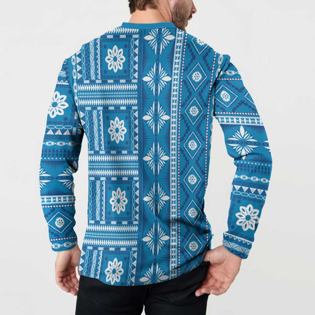 Fiji Masi All Blue Button Sweatshirt Tapa Pattern - Polynesian Pride
