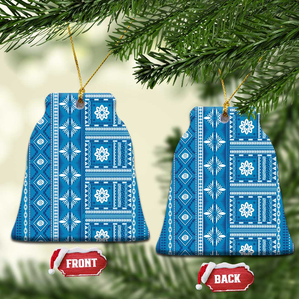 Fiji Masi All Blue Ceramic Ornament Tapa Pattern LT01 Bell Flake Blue - Polynesian Pride