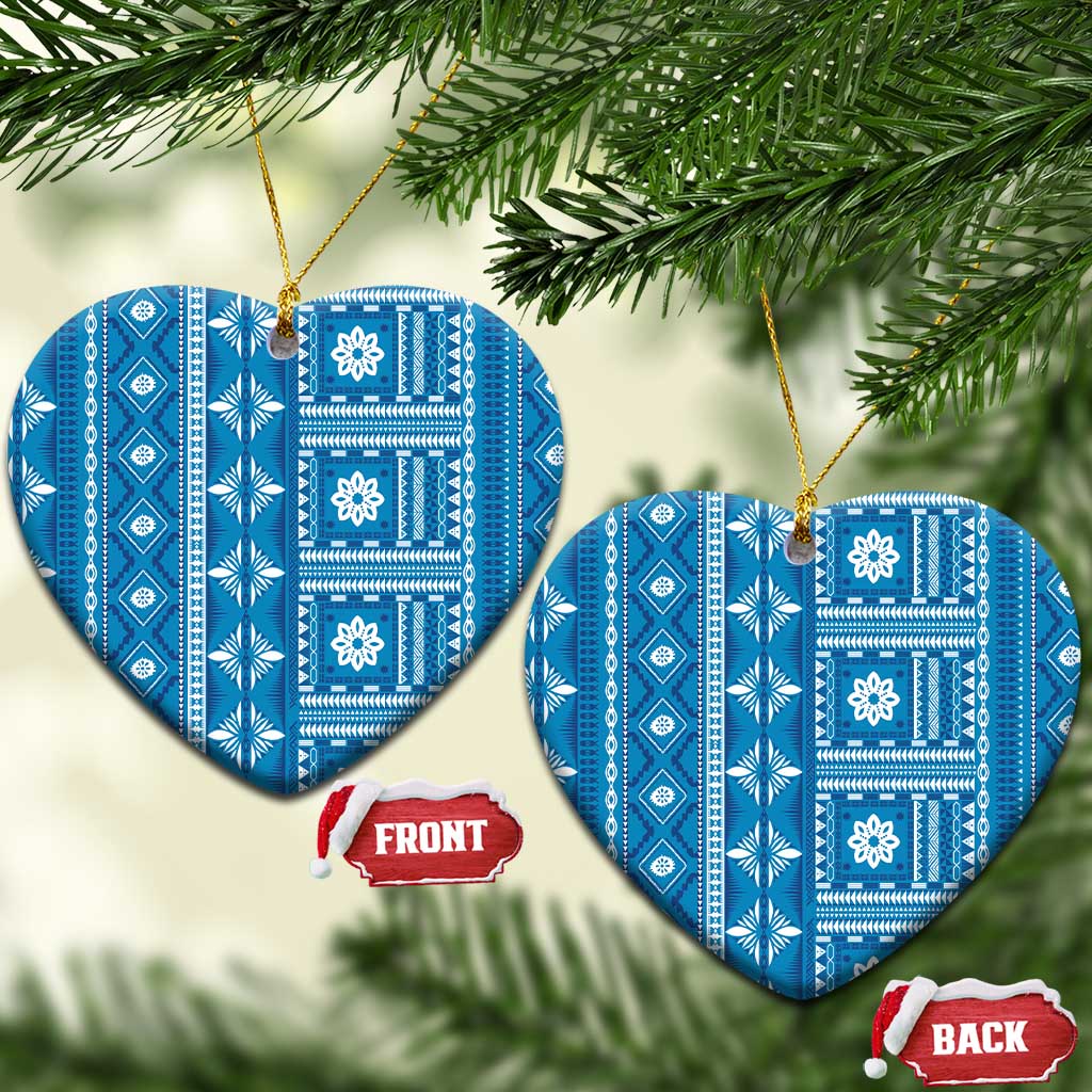 Fiji Masi All Blue Ceramic Ornament Tapa Pattern LT01 Heart Blue - Polynesian Pride