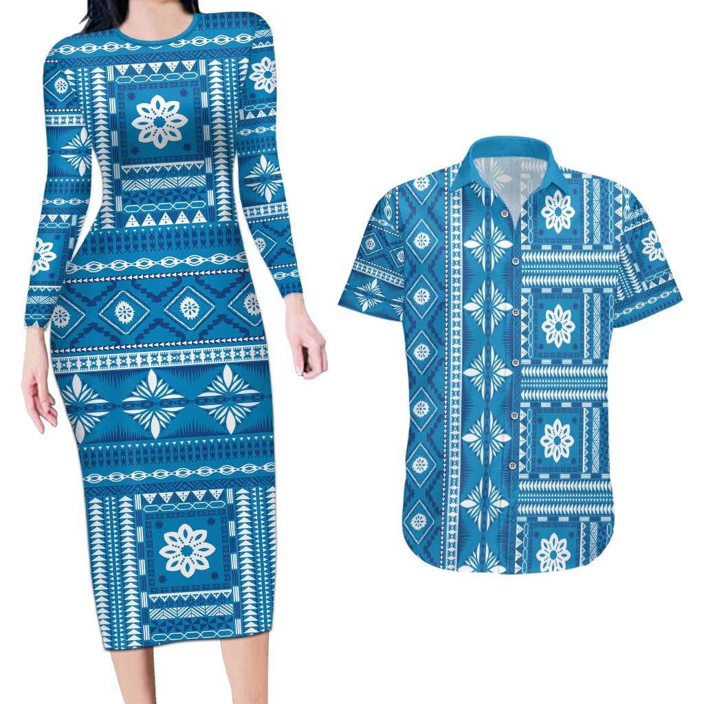 Fiji Masi All Blue Couples Matching Long Sleeve Bodycon Dress and Hawaiian Shirt Tapa Pattern - Polynesian Pride