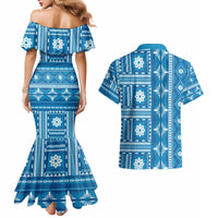 Fiji Masi All Blue Couples Matching Mermaid Dress and Hawaiian Shirt Tapa Pattern - Polynesian Pride
