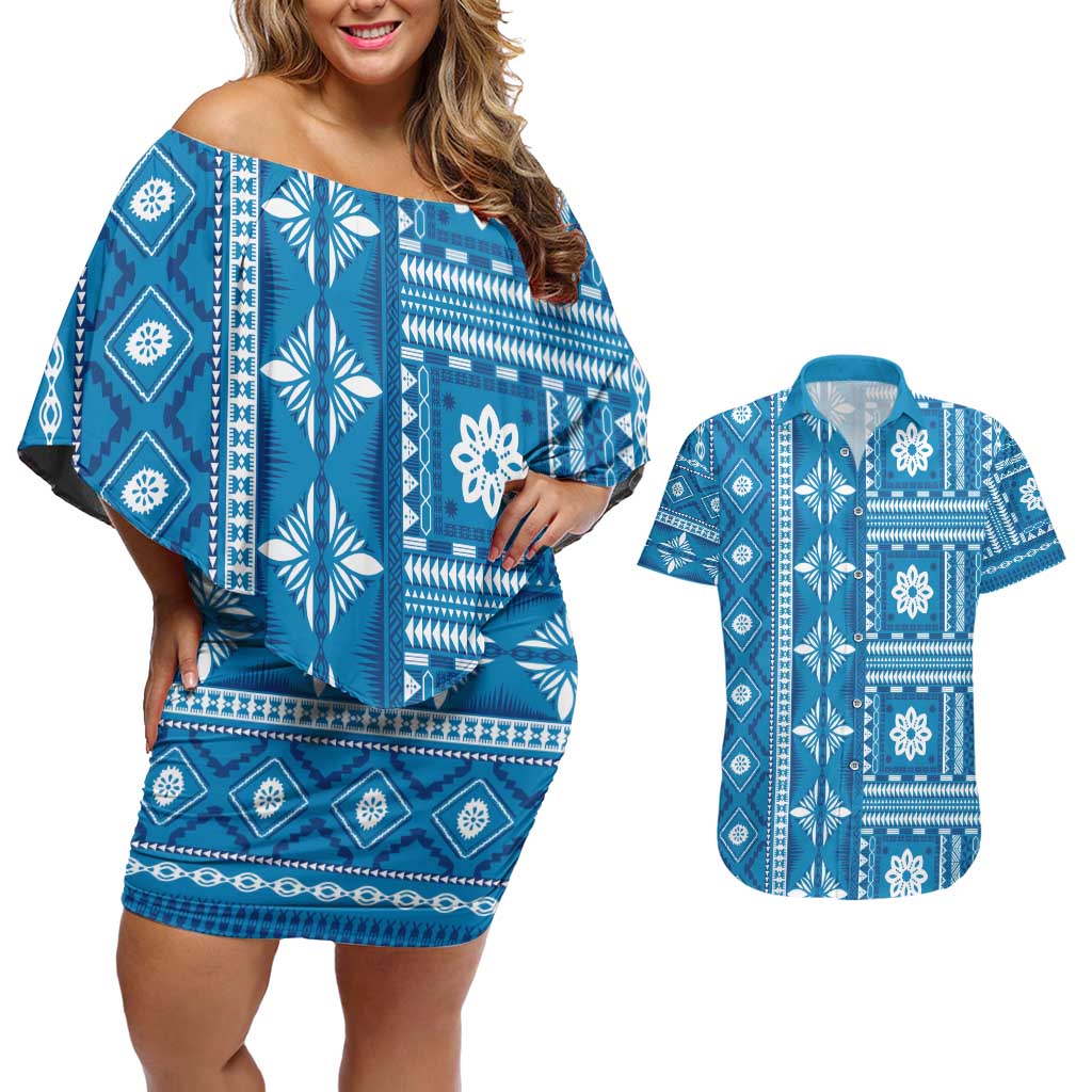 Fiji Masi All Blue Couples Matching Off Shoulder Short Dress and Hawaiian Shirt Tapa Pattern - Polynesian Pride