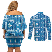 Fiji Masi All Blue Couples Matching Off Shoulder Short Dress and Long Sleeve Button Shirt Tapa Pattern - Polynesian Pride