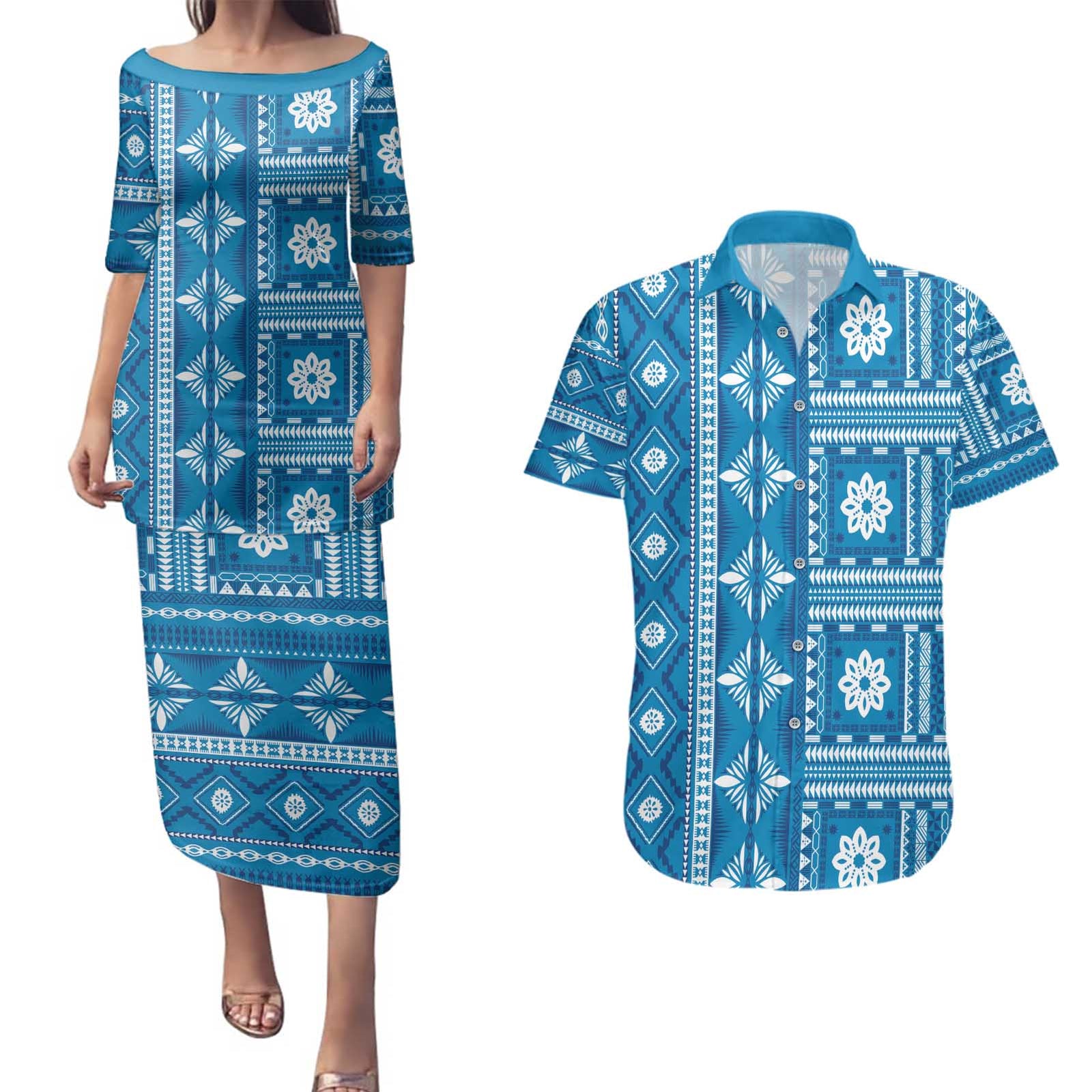 Fiji Masi All Blue Couples Matching Puletasi and Hawaiian Shirt Tapa Pattern - Polynesian Pride