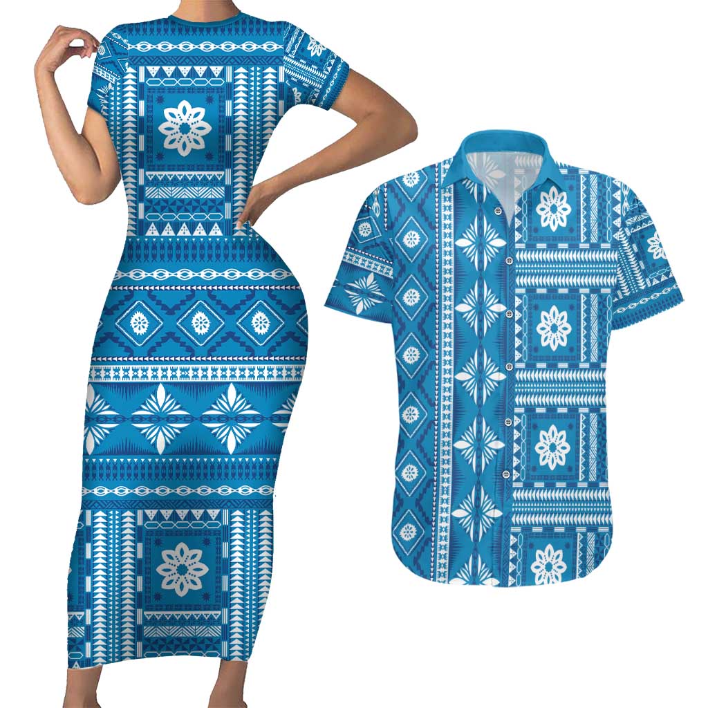 Fiji Masi All Blue Couples Matching Short Sleeve Bodycon Dress and Hawaiian Shirt Tapa Pattern - Polynesian Pride