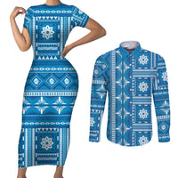 Fiji Masi All Blue Couples Matching Short Sleeve Bodycon Dress and Long Sleeve Button Shirt Tapa Pattern - Polynesian Pride
