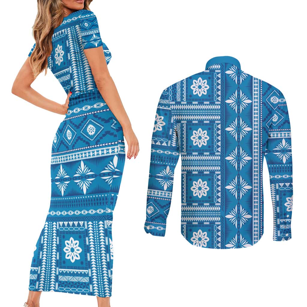 Fiji Masi All Blue Couples Matching Short Sleeve Bodycon Dress and Long Sleeve Button Shirt Tapa Pattern - Polynesian Pride