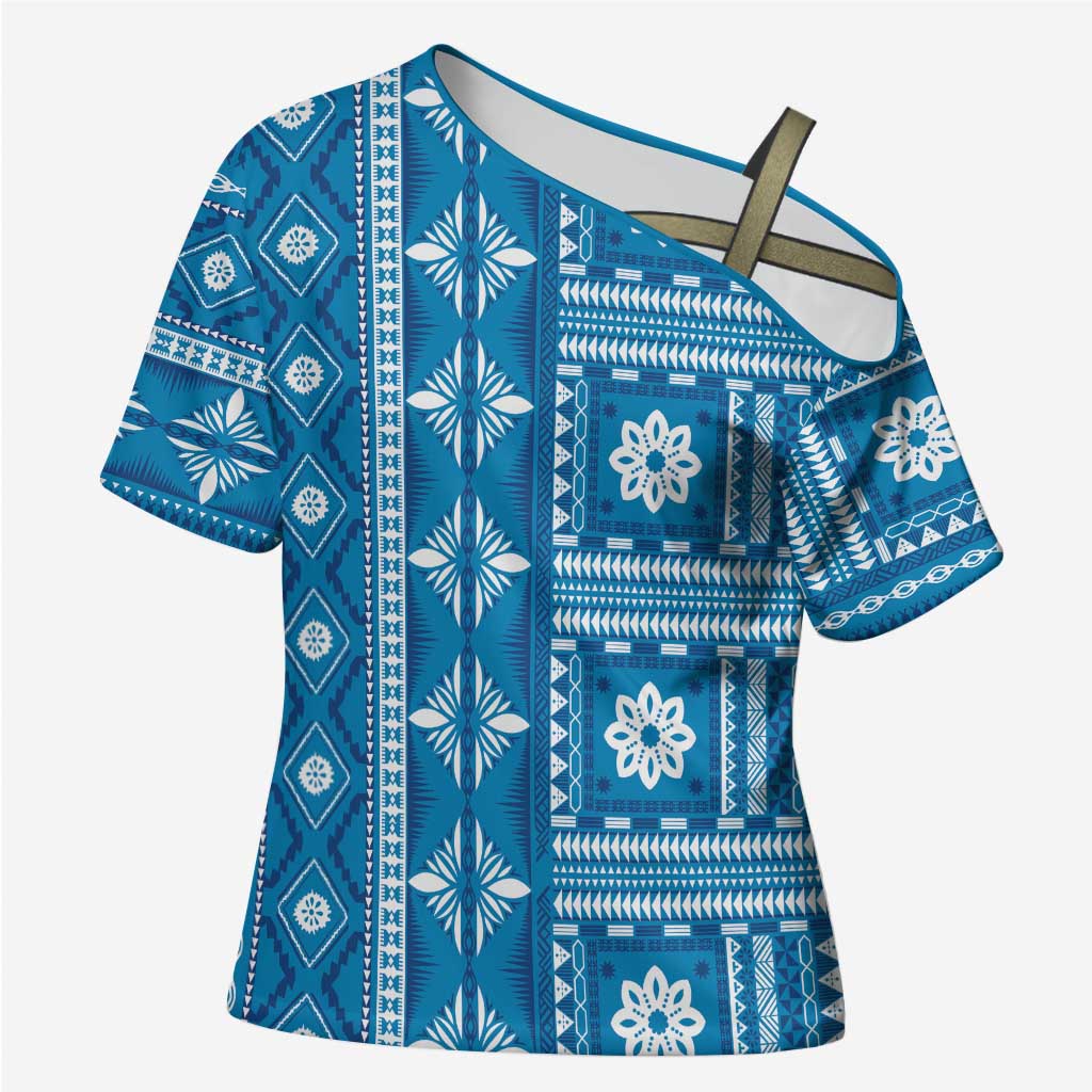 Fiji Masi All Blue Cross Shoulder Shirt Tapa Pattern - Polynesian Pride