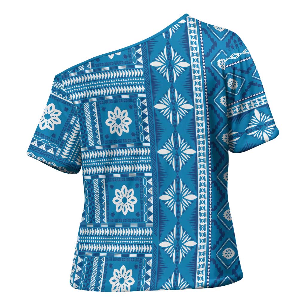 Fiji Masi All Blue Cross Shoulder Shirt Tapa Pattern - Polynesian Pride