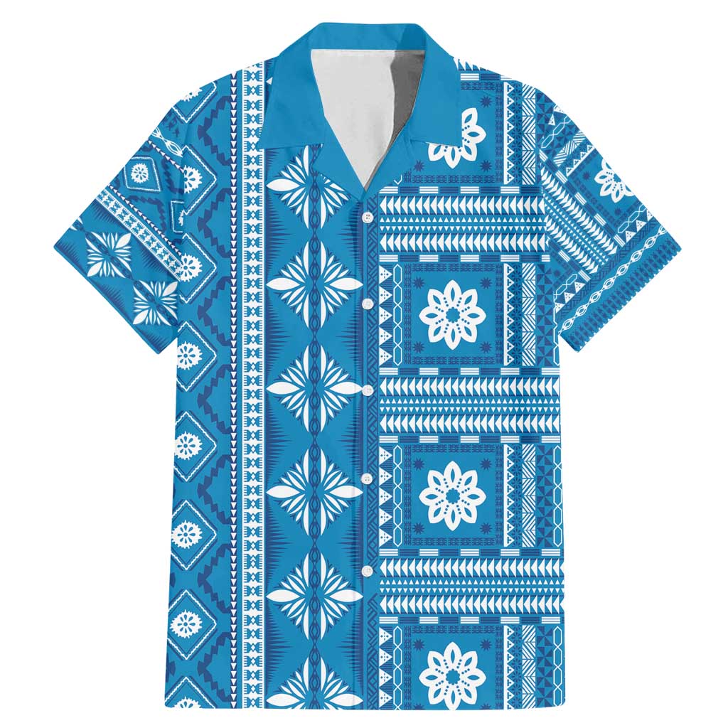 Fiji Masi All Blue Family Matching Mermaid Dress and Hawaiian Shirt Tapa Pattern - Polynesian Pride