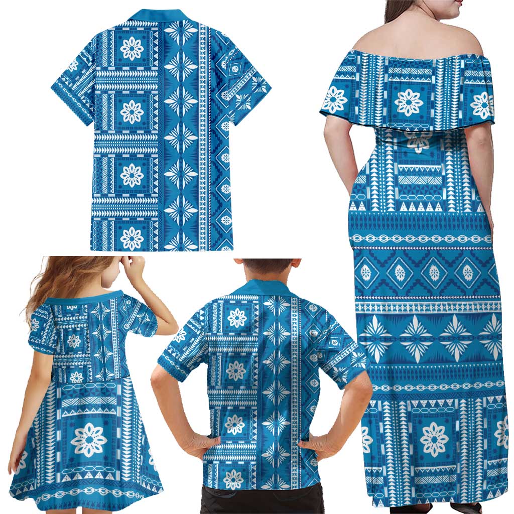 Fiji Masi All Blue Family Matching Off Shoulder Maxi Dress and Hawaiian Shirt Tapa Pattern - Polynesian Pride