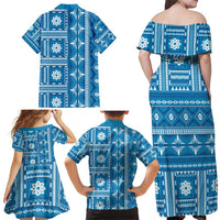 Fiji Masi All Blue Family Matching Off Shoulder Maxi Dress and Hawaiian Shirt Tapa Pattern - Polynesian Pride